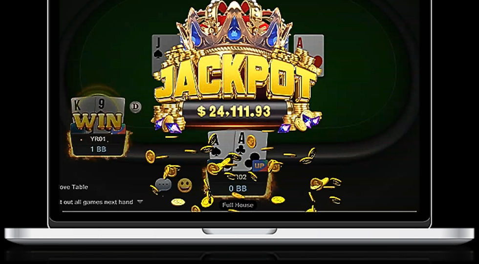 Tela de laptop exibindo uma promoção de poker online com o texto "JACKPOT" em letras douradas e uma coroa no topo. Abaixo, o valor "$24,111.93" em números grandes e dourados. À esquerda, cartas de poker (K e 9) com "WIN YR01 1 BB". À direita, cartas (4 e 4) com "FULL HOUSE". Moedas de ouro caem ao redor, e no canto inferior esquerdo, o texto "MOVE TABLE to get all games next hand" com emojis sorridentes.
