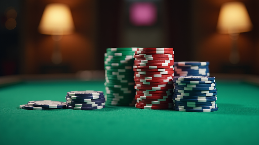 Close-up view of poker chips stacked neatly on a green felt table