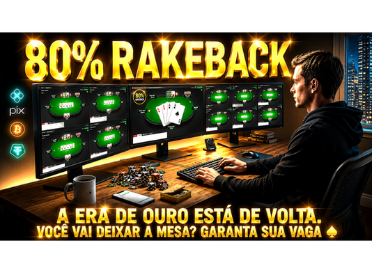 Poker player using multiple monitors for online poker multi-tabling in a modern gaming setup, with glowing golden “80% Rakeback” text, cryptocurrency payment icons including Pix, Bitcoin and USDT, poker chips on desk, and dramatic luxury atmosphere promoting the return of the golden era of online poker.
