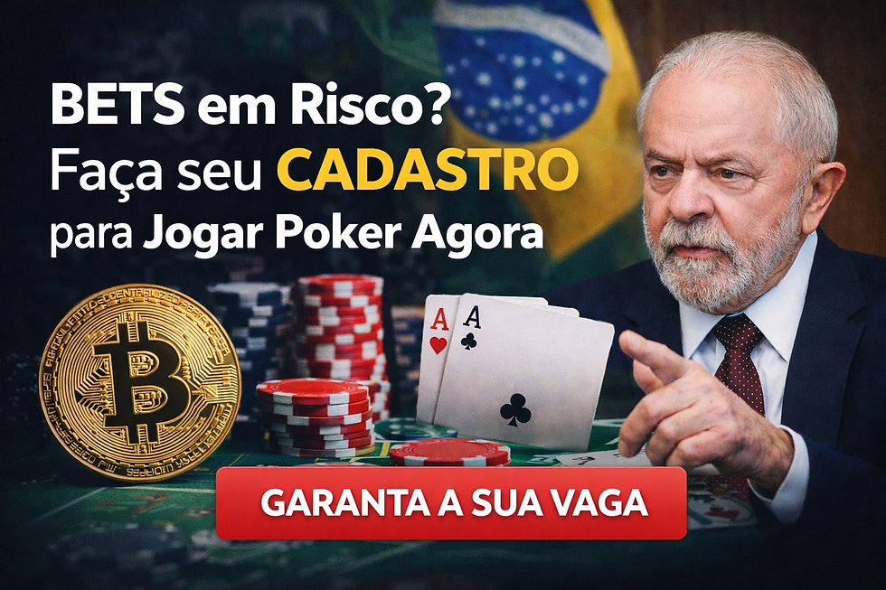 Homem segurando cartas de poker com fundo da bandeira do Brasil e fichas. Texto: “BETS em Risco? Cadastre-se. Jogue Poker Agora.” 👉 onde jogar poker com bitcoin e pix no brasil cadastro seguro online