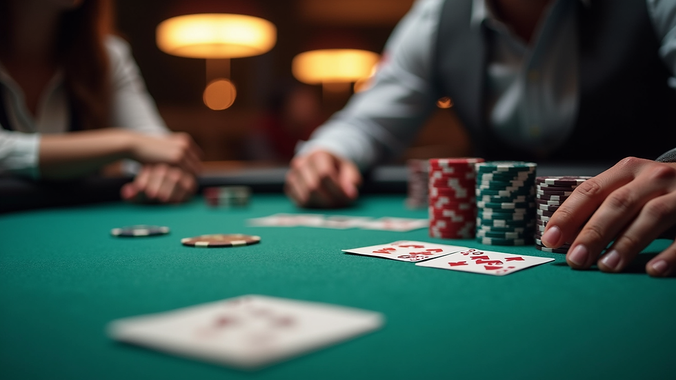 High angle view of poker tournament table with chips and cards