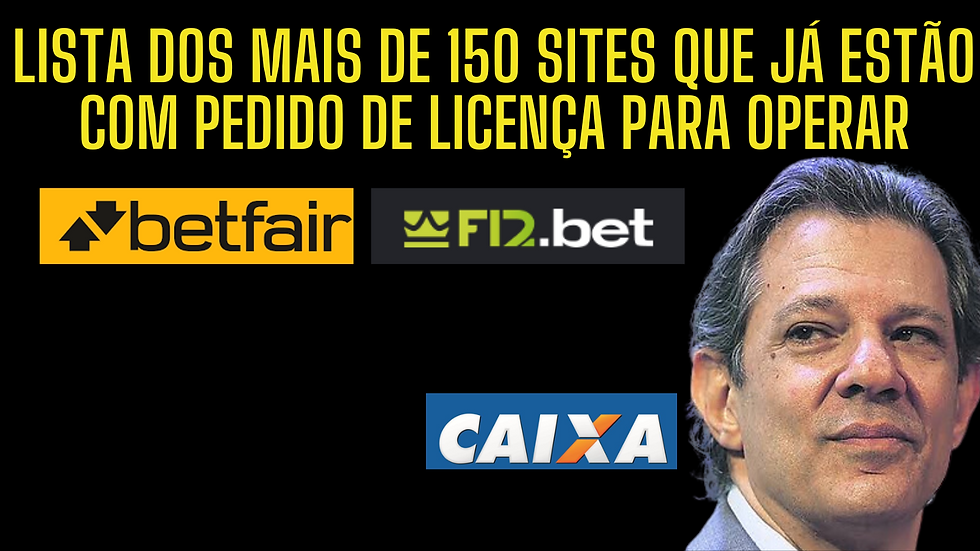 FOTO DO MINISTRO HADDAD AO LADO DA LOGO DA CAIXA LOGO DA BETFAIR E LOGO DA F12BET E AS PALAVRAS "LISTA DOS MAIS DE 150 SITES QUE JÁ ESTÃO COM PEDIDO DE LICENÇA - RAKEBACKPOKERWORLD