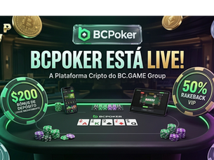 Imagem de capa do lançamento da nova sala BCPoker, destacando bônus de $200 e 50% de rakeback VIP