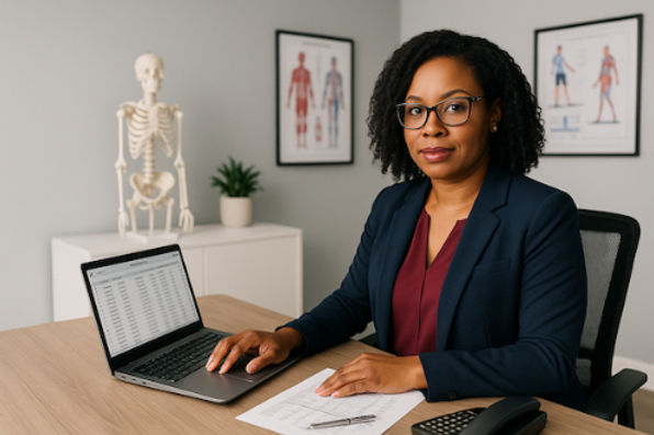 African American medical billing service owner working on laptop.