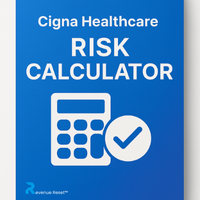 Blue sign with "Cigna Healthcare RISK CALCULATOR," featuring a calculator icon and check mark. Mood is professional and informative.