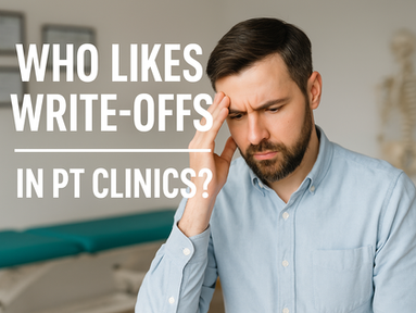 Physical Therapist  in a casual light blue button-up shirt in a PT clinic with his hand on his forehead worrying about the constant write-offs.
