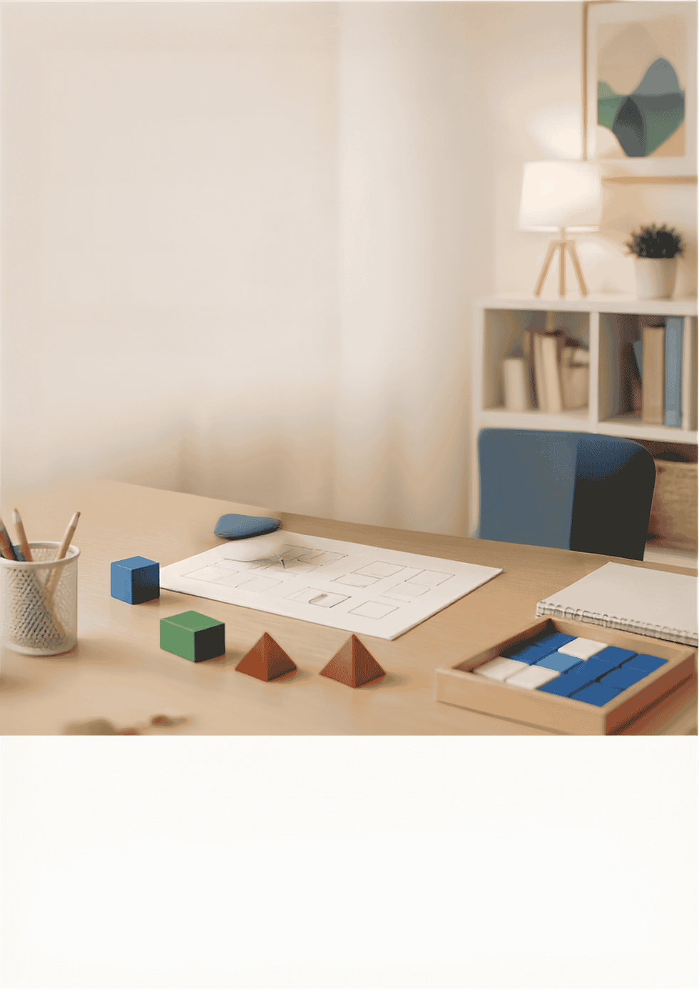 Bureau avec formes géométriques, feuilles et fournitures.