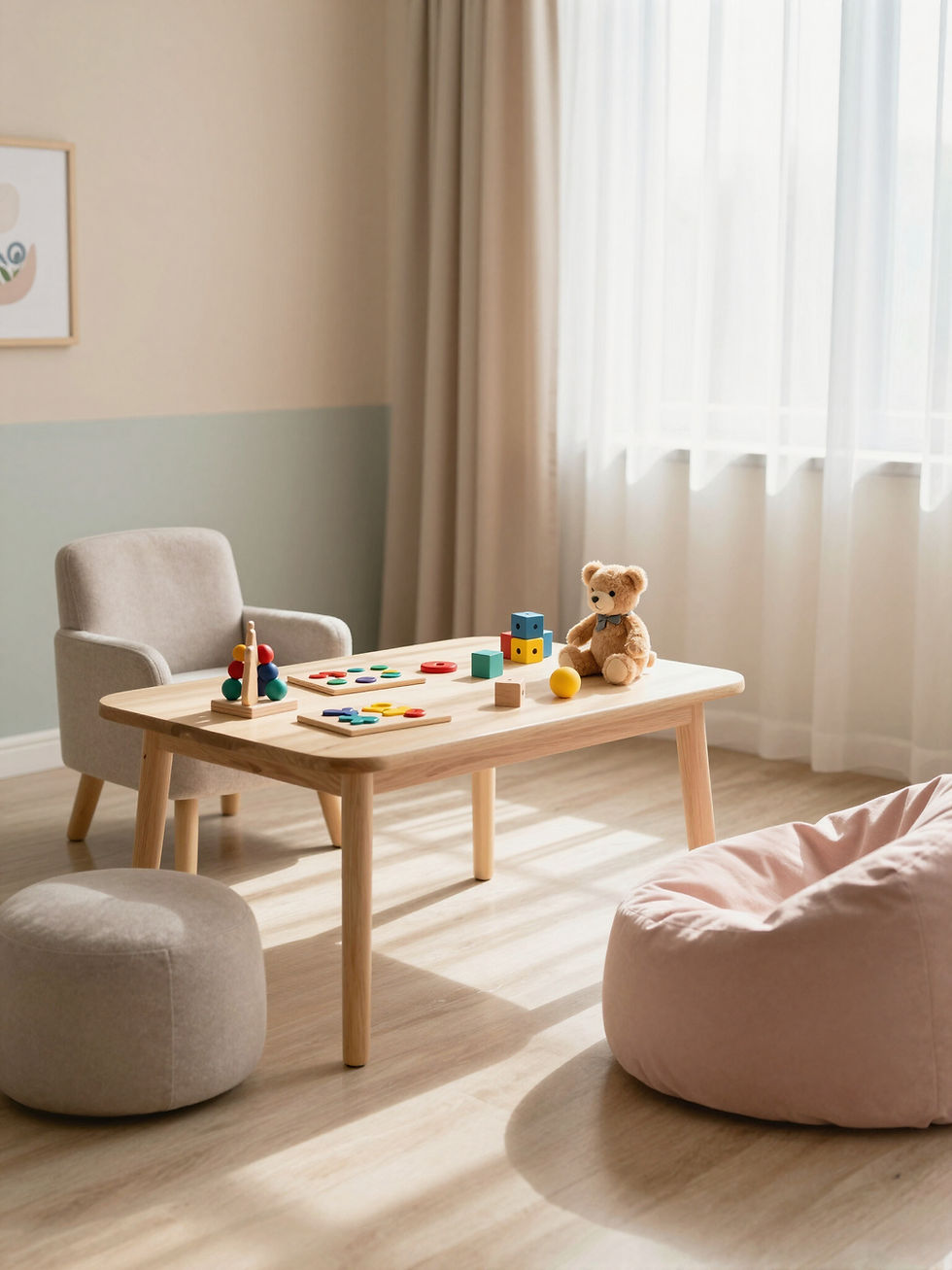 Salle de jeux enfant avec table en bois et poufs