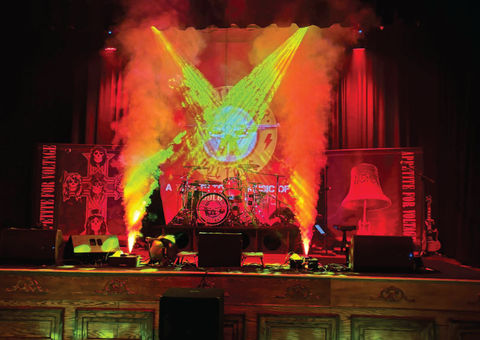 Stage set up with firey lights and smoke for Appetite For Voltage AC/DC GnR tribute concert