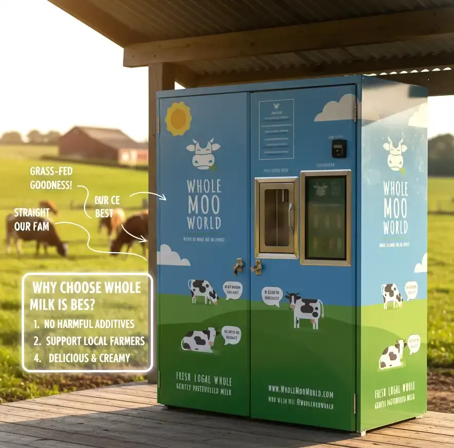A farm-based milk vending machine UK and milkshake vending machine from Whole Moo World. This milk machine provides fresh, non-homogenised milk in a rural setting, supporting local farmers.