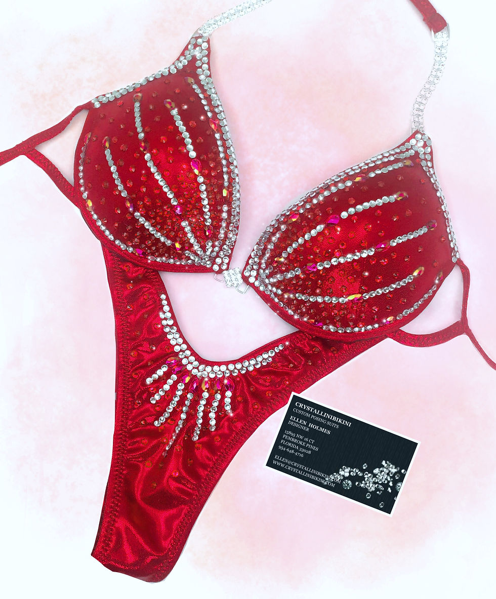 Red Crystal Burst competition bikini "NOW”  D cup & S bottom