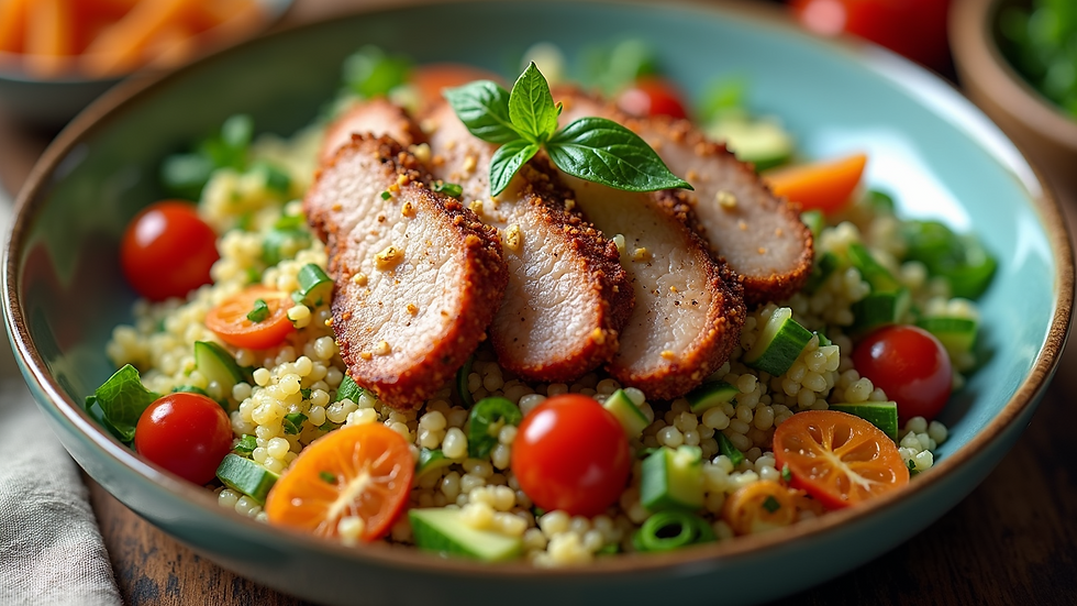 High angle view of a colorful quinoa salad topped with sliced spiced pork