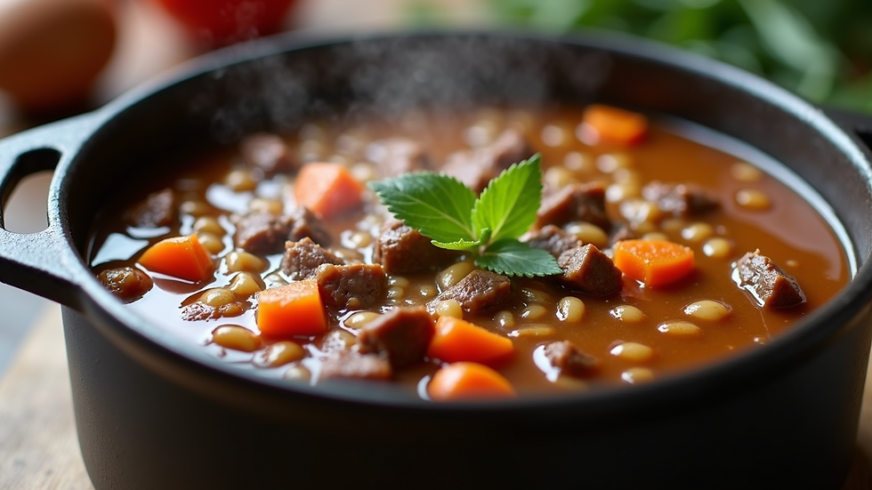 Close-up view of a hearty beef barley soup simmering in a pot