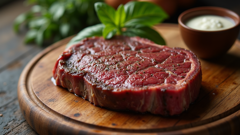 Close-up view of ribeye steak on a wooden cutting board