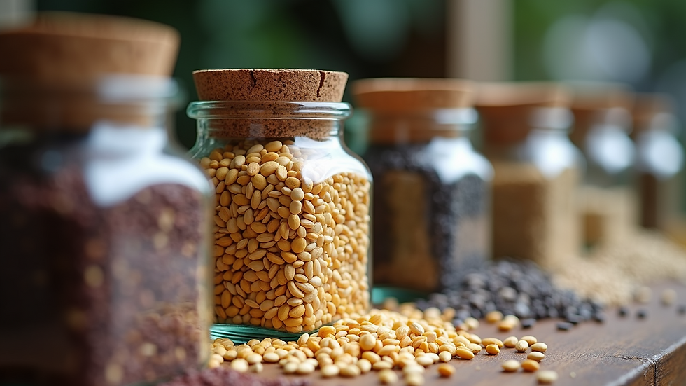Eye-level view of a variety of seeds in glass jars