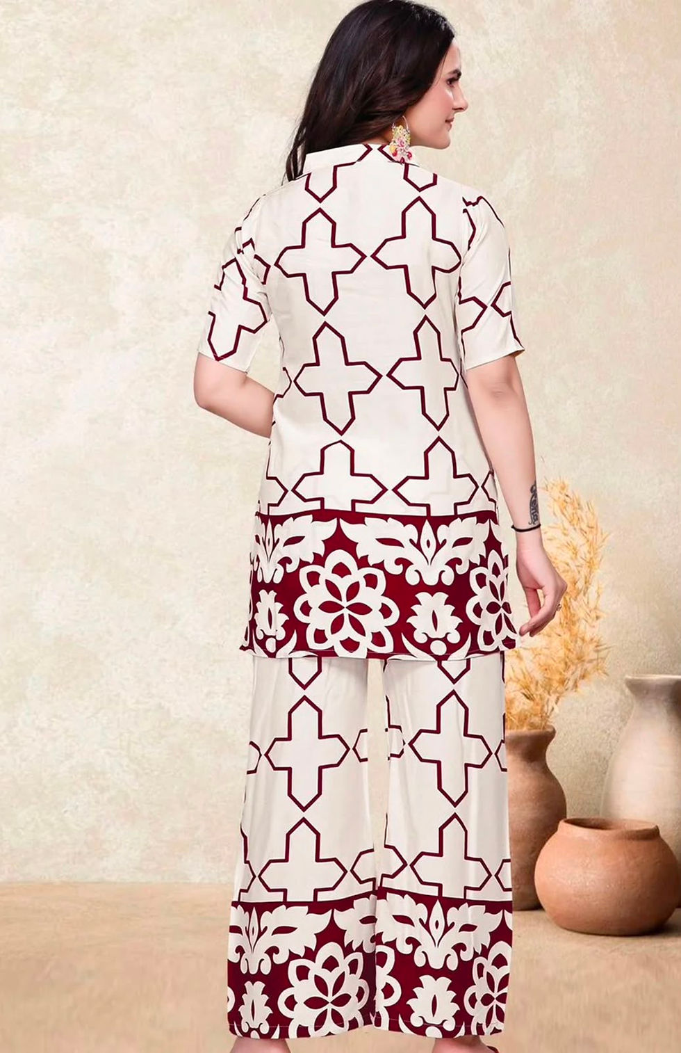 Maroon and off-white printed co-ord set with short top and wide-leg palazzo pants for women