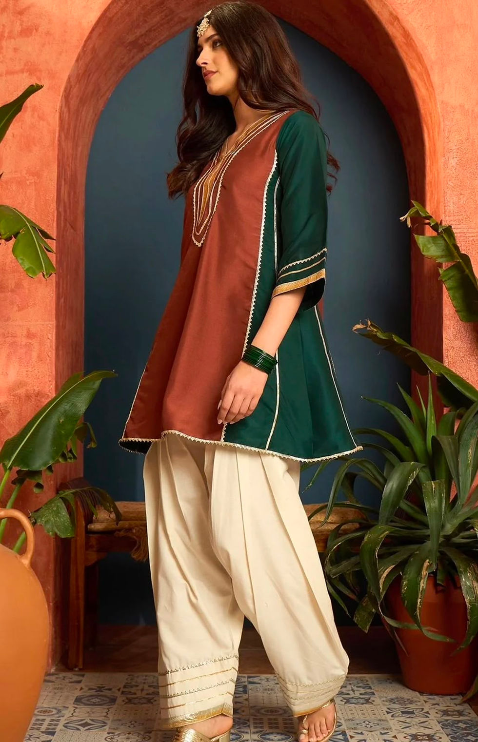 Maroon and dark green ethnic kurta set for women with white pants