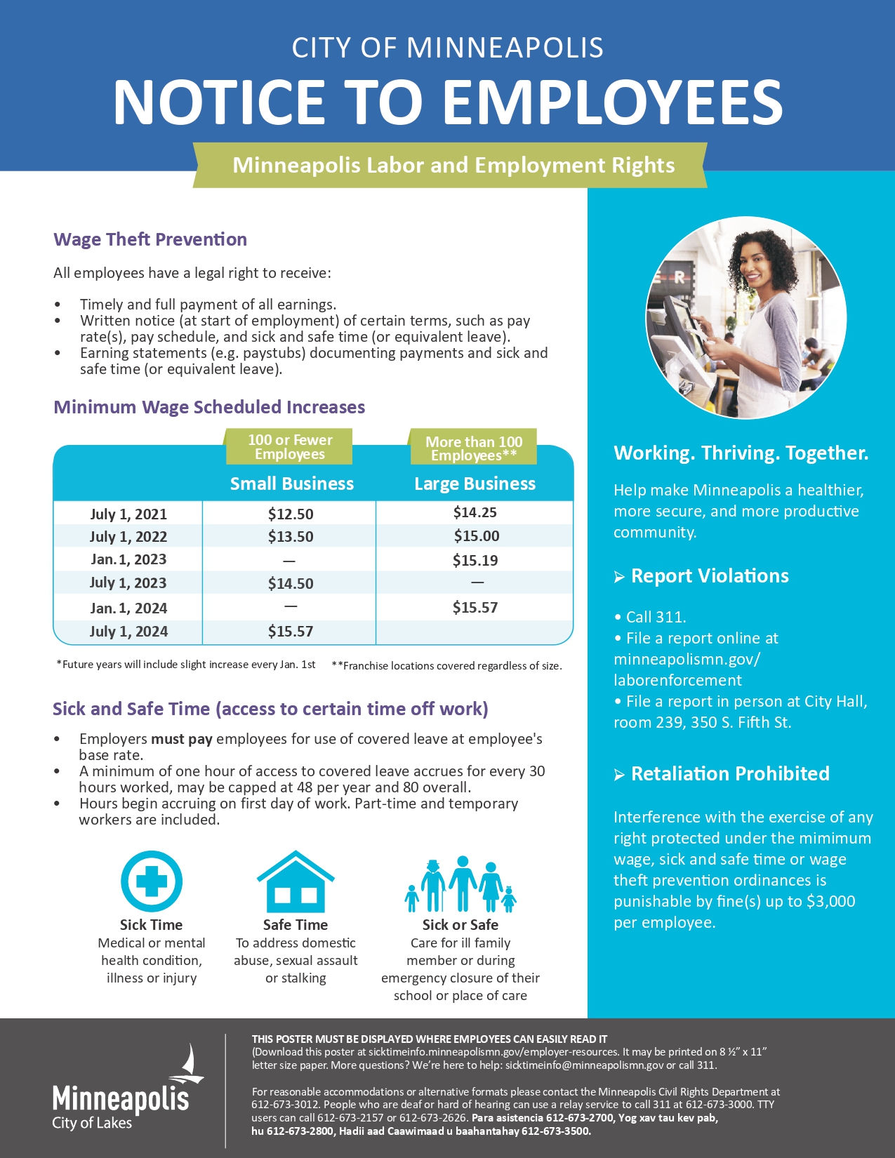 Minneapolis City Minimum Wage Poster front view