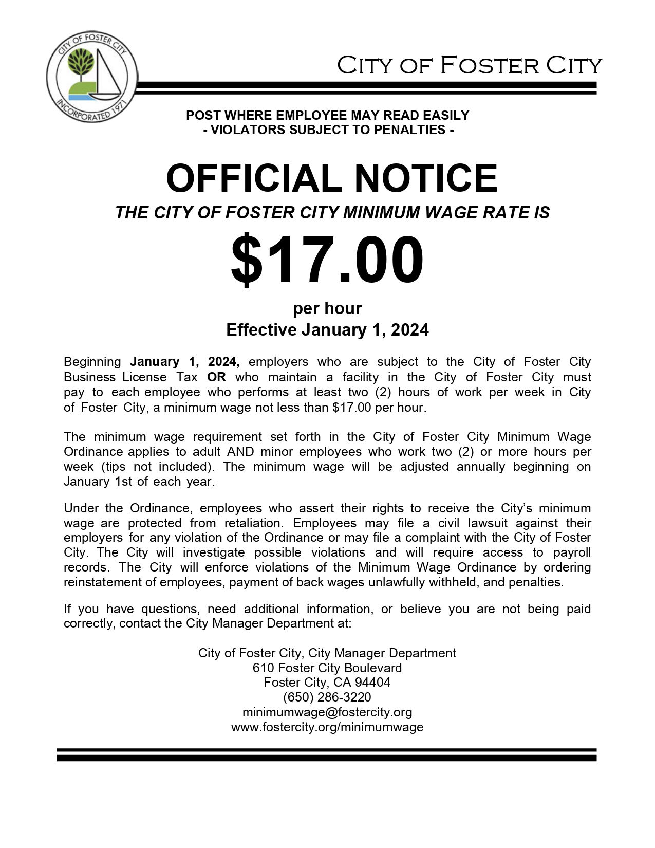 Foster City Minimum Wage Poster front view