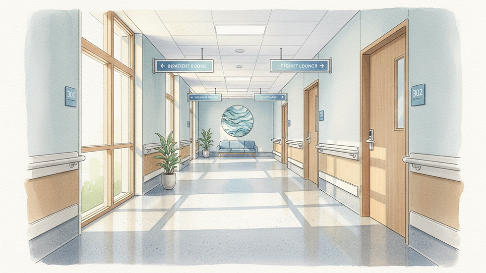 Wide-angle view of a calm inpatient ward corridor with daylight and clear wayfinding