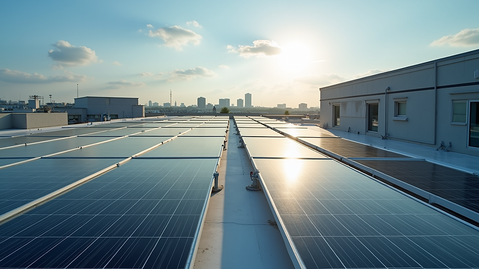 High angle view of hospital rooftop solar panels
