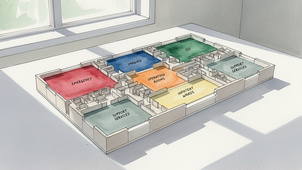 Eye-level view of a physical hospital floor plan model with colored clinical zones