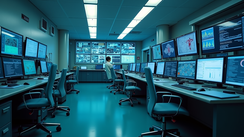 High angle view of a hospital control room with multiple digital screens monitoring facility operations