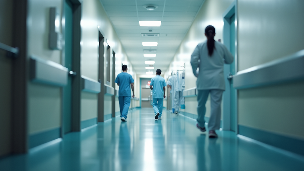 Eye-level view of a hospital corridor with nurses and doctors moving efficiently