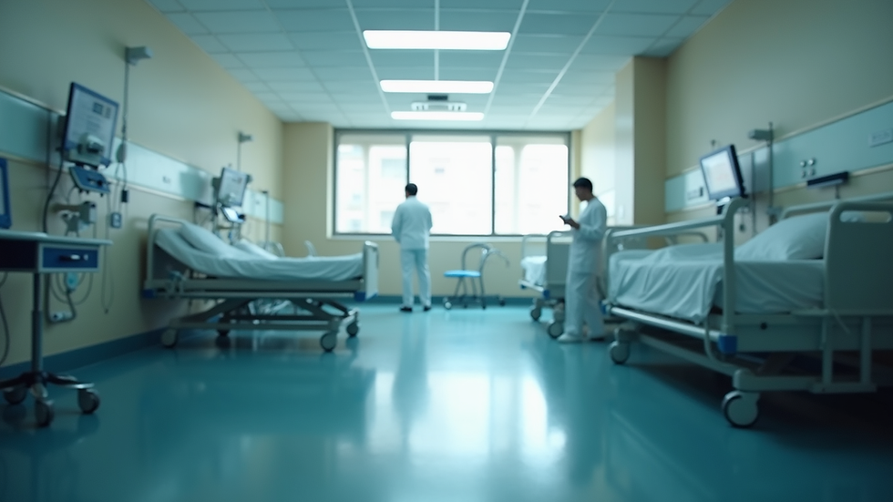 Eye-level view of hospital corridor with patient beds and medical equipment