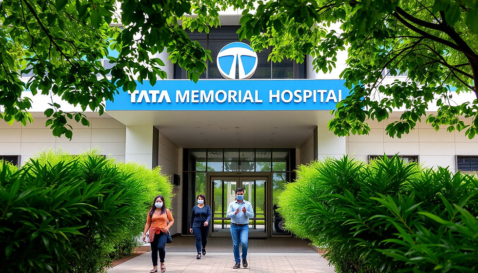 Masked people walk into a modern TATA TINEMIAL building entrance framed by trees and potted shrubs.