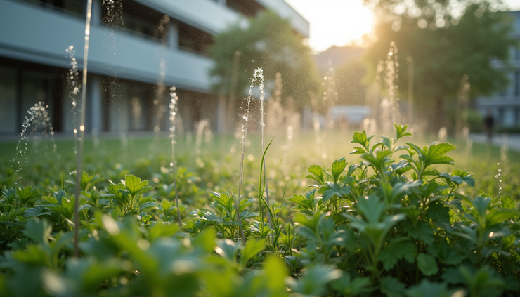 Close-up view of hospital garden with native plants and rainwater irrigation system