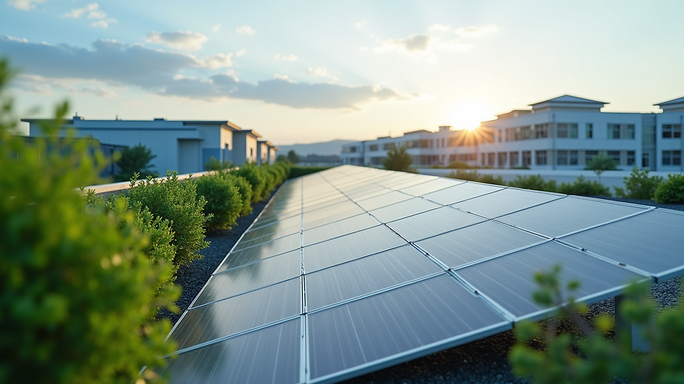 Close-up view of a hospital rooftop with solar panels and green landscaping