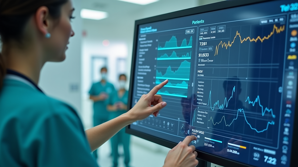 Close-up view of hospital staff using a digital dashboard for patient data