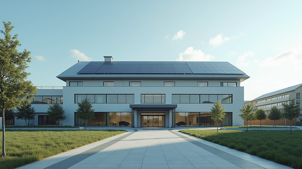 Eye-level view of a modern hospital building with solar panels on the roof