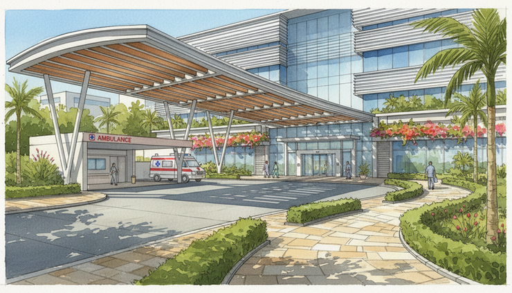 Wide-angle view of a modern hospital entrance surrounded by landscaped pathways