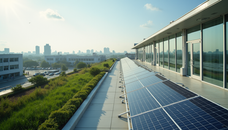 Eye-level view of a hospital rooftop with solar panels and greenery