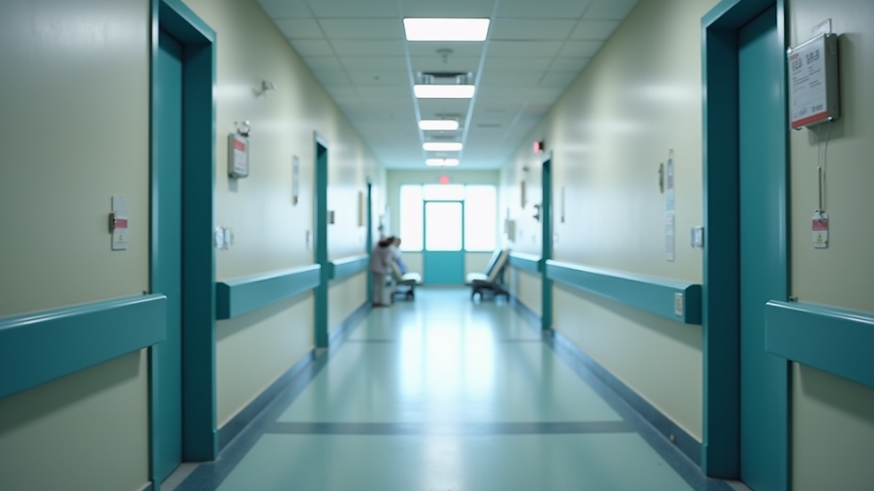 Eye-level view of a modern hospital corridor with clear signage and natural lighting