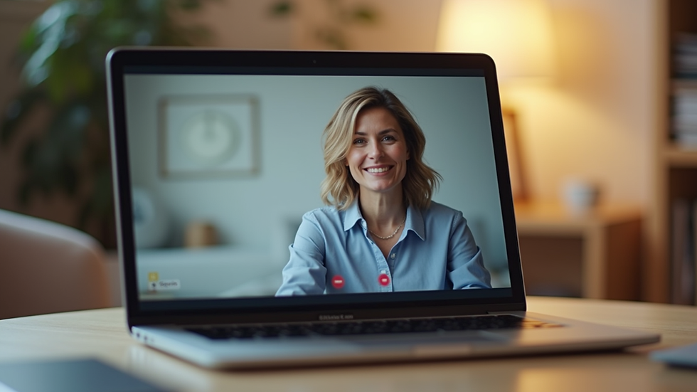 Close-up view of a laptop screen showing a video call with a therapist