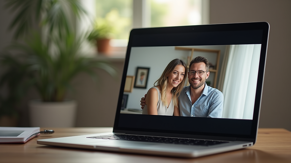Close-up view of a laptop screen showing a video call with a therapist and a couple