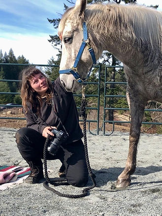 Photographer with a white horse