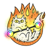 Cute fire cat logo with playful flames, representing energy, creativity, and flow arts.