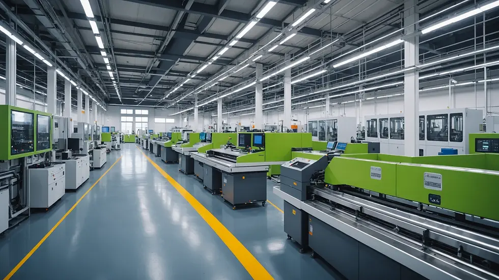 Eye-level view of a modern manufacturing facility with integrated green technology