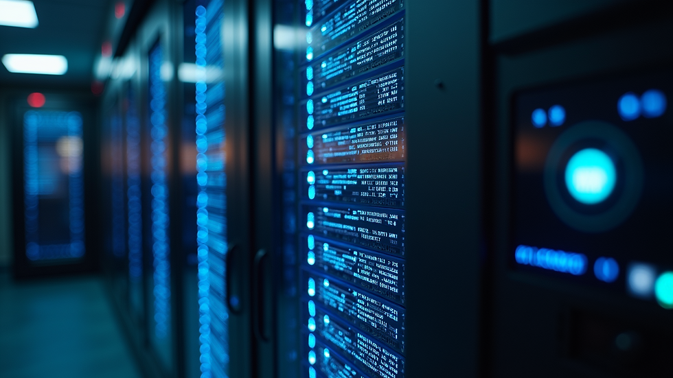 High angle view of a server room with blinking data storage units