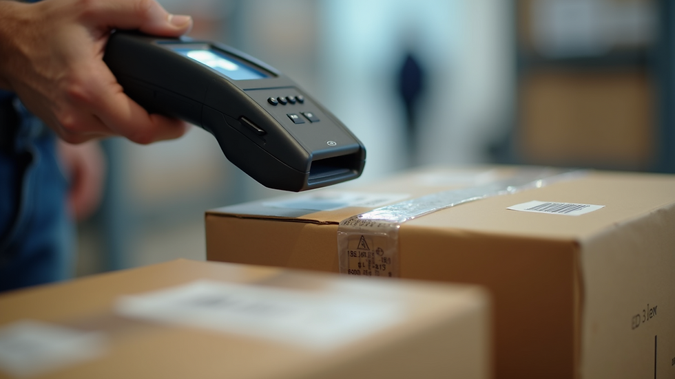 Close-up view of a handheld device scanning an RFID tag on a package