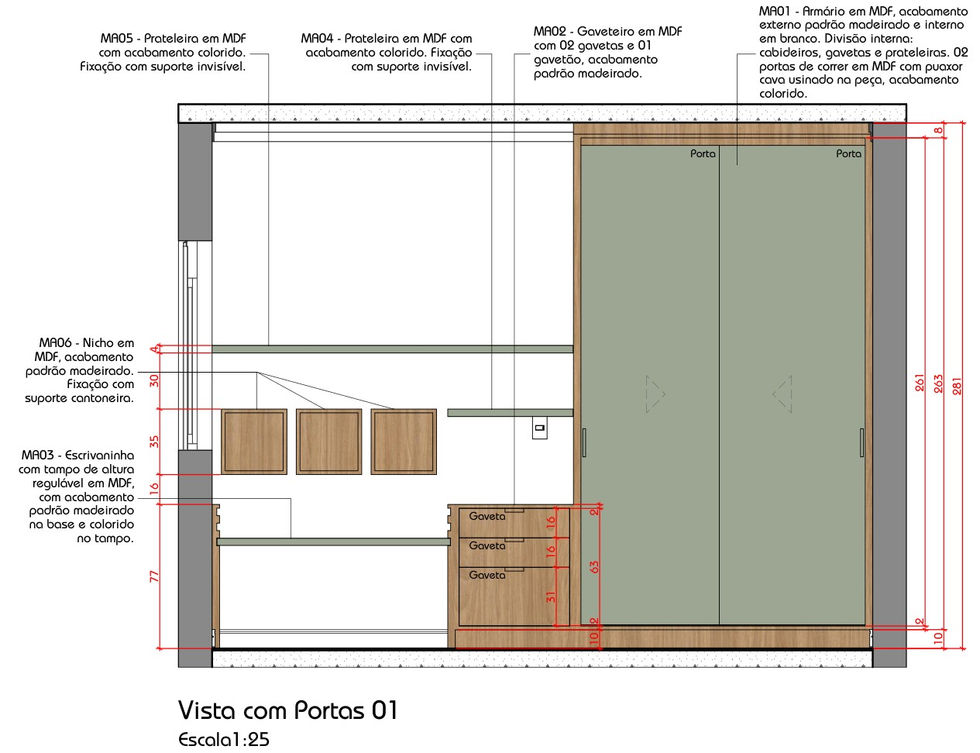Quarto Davi - Projeto: Vista com portas do mobiliário do novo quarto