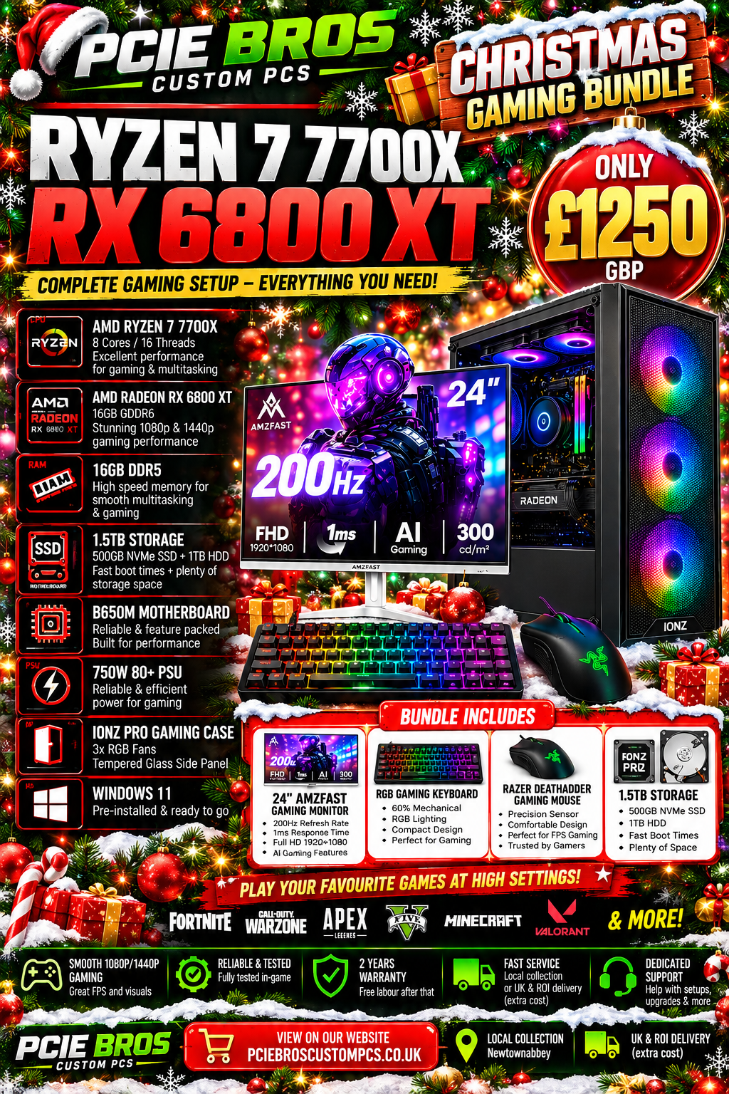 🎄🎮 CHRISTMAS GAMING PC BUNDLE 🎮🎄 Ryzen 7 7700X + RX 6800 XT | 16GB DDR5