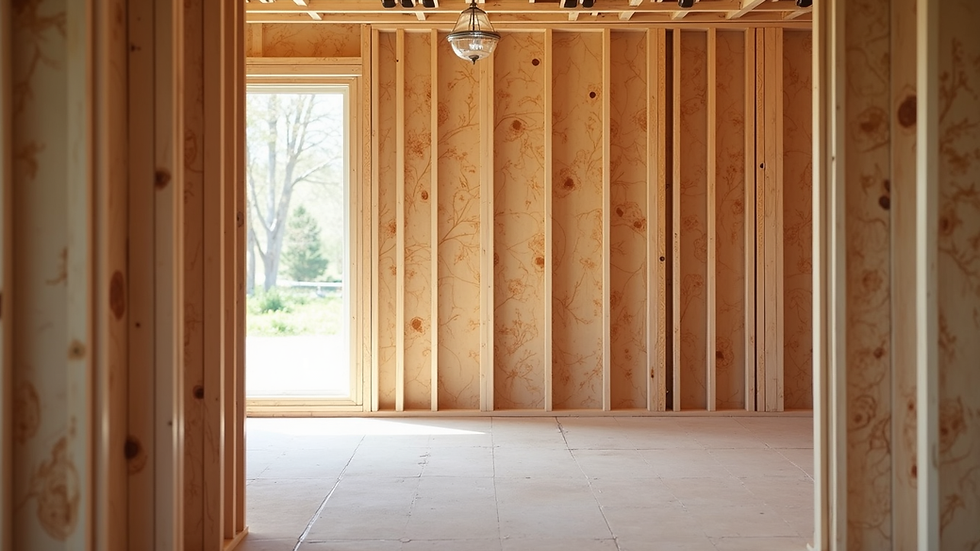 Eye-level view of interior wall framing with insulation installed