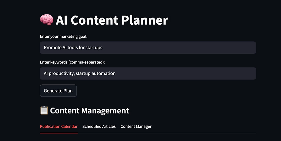 Interface d'un planificateur de contenu AI avec champs de texte pour saisir des objectifs et mots-clés, fond noir, accent rouge.