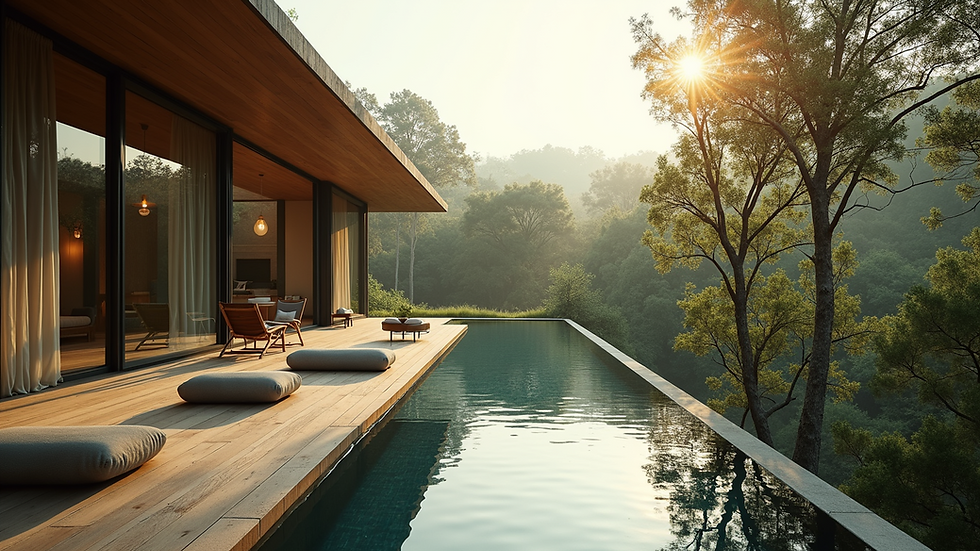 Eye-level view of a luxury wellness retreat surrounded by nature