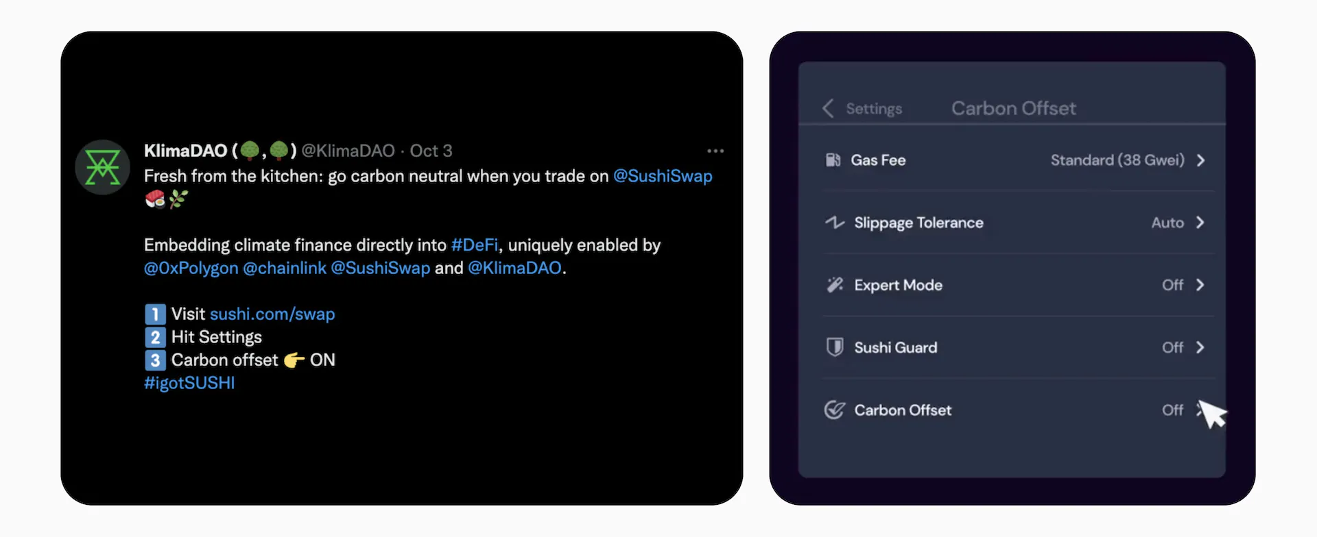 Screenshots for users interested in how to activate Sushi's carbon offset feature.